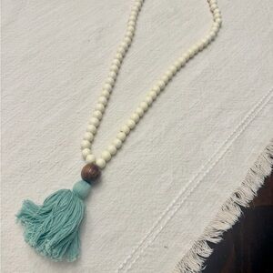 Cream Wood Bead Tassel Necklace – Coastal Boho Statement